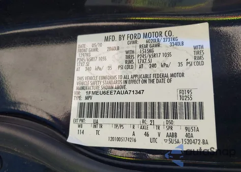 2010 Ford Explorer Eddie Bauer из США, поврежденный, VIN 1FMEU6EE7AUA71347